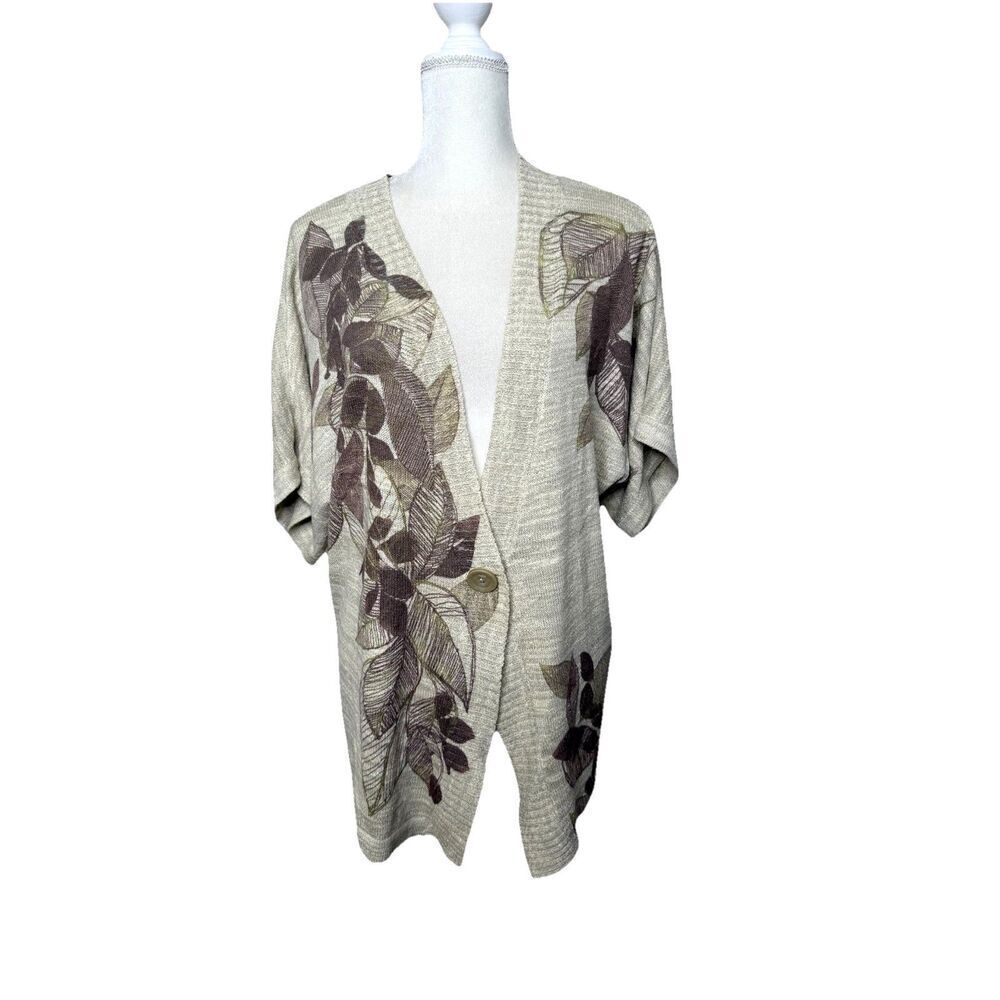 Coldwater Creek Cardigan Plus Size 1X Short Sleeve Beige Lightweight One Button